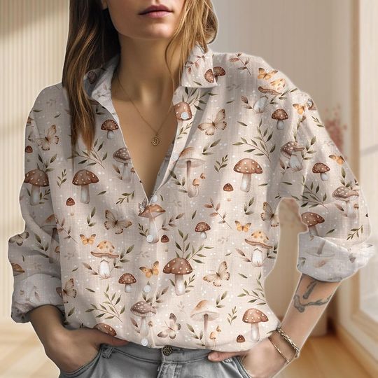 Mushroom Goblincore Look Shirt, Nature Casual Garden Blouse for Women