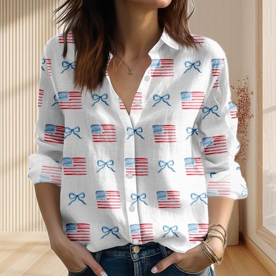 Discover America 4th Of July Linen-Look Shirt, US Coquette Bow Women Shirt, US Patriot Casual Tops, Independence Day, USA Flag Blouses Shirt