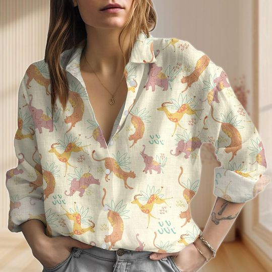 Discover Retro Animal Blouse, Elephant Casual Top, Leopard Print Women’s Shirt