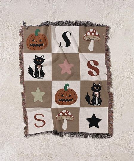 Discover Custom Initial Black Cat Woven Blanket, Personalized Spooky Season Gift, Cozy Fall Home Decor Blanket, Unique Halloween Gift Idea