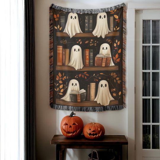 Discover Woven Blanket Ghosts on Bookshelf Halloween Home Decor Cute Teacher Gift Spooky Goinclore Book Reader Present All Eves Gift for Son Daughter