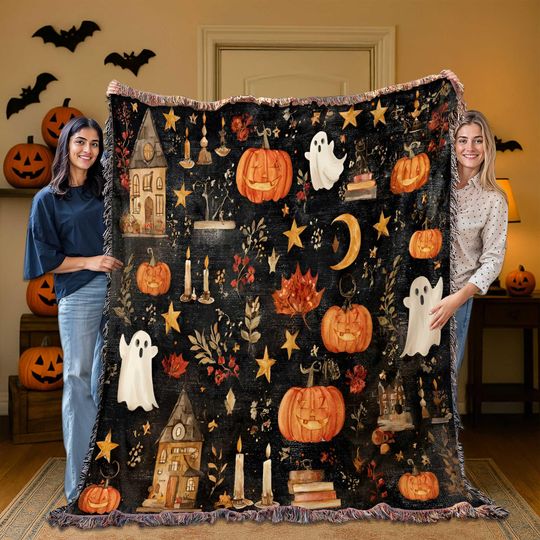 Discover Halloween Woven Blanket with Ghosts and Pumpkins, Spooky Autumn Throw, Cozy Fall Home Decor, Witchy Vintage Style Blanket, Pumpkin Ghost
