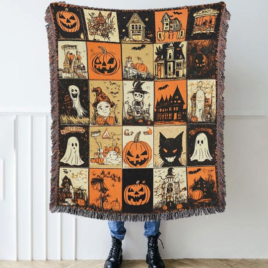 Discover Retro Vintage Spooky Season Halloween Woven Throw Blanket, Vintage Pumpkin Halloween Woven Tapestry, Halloween Ghost Scary Tapestry