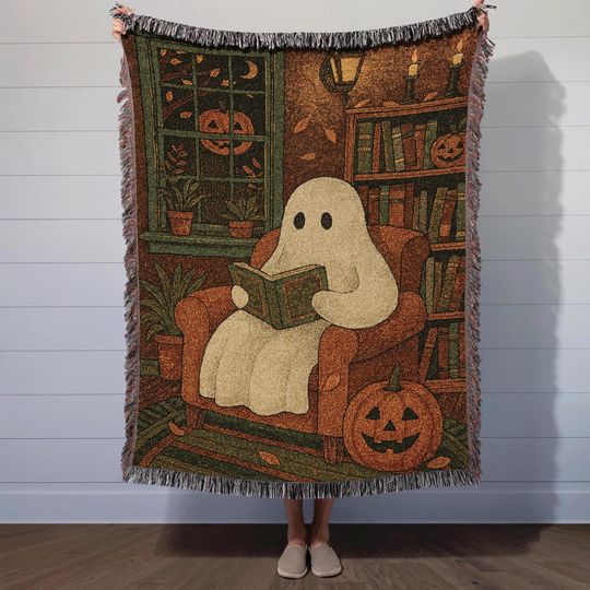 Discover Retro Ghost Reading Books Halloween Blanket, Halloween Woven Throw Blanket, Book Lover Gift, Cute Halloween Gifts