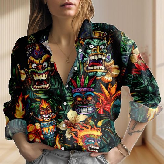 Tiki Mask Shirt, Hawaiian Tribal Party Blouse, Tropical Island Women’s Top