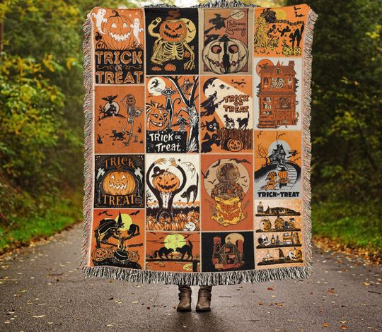Discover Retro Halloween Woven Throw Blanket: Jack-o'-lantern Trick or Treat Tapestry