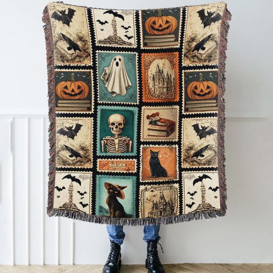 Halloween Woven Blanket, Vintage Spooky Throw with Pumpkin Ghost Skeleton Cat and Bats, Cozy Gothic Decor, Halloween Ghost Scary Tapestry