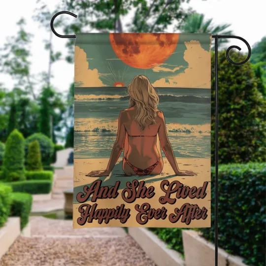 Girl Beach Lovers Lived Happily Flag, Sunset Beach lovers Flag, Summer Flag