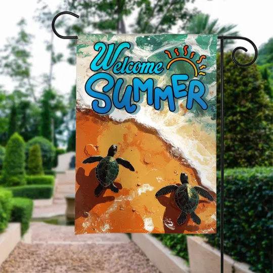 Turtle Summer Beach Flag, Beach Turtle Lovers Flag, Welcome Summer Garden Flag