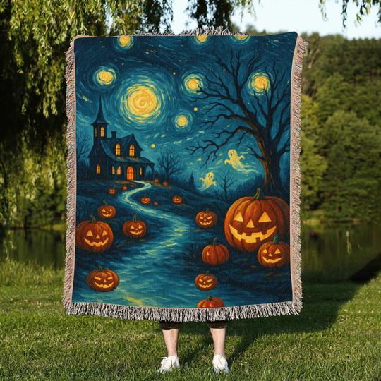 Retro Vintage Spooky Season Halloween Woven Throw Blanket, Halloween Ghost Woven Blanket, Halloween Decor, Whimsigothic Fall Decorating