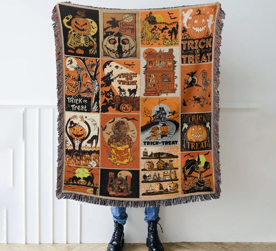 Vintage Halloween Woven Throw Blanket: Spooky Season Decor
