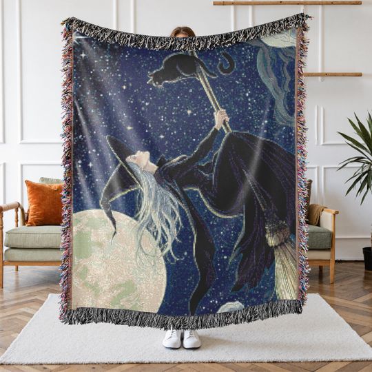 Discover Enchanting Witch Woven Blanket, Cozy Throw for Halloween Decor, Gift for Spooky Season, Magical Home Accent, Soft Blanket with Black Cat