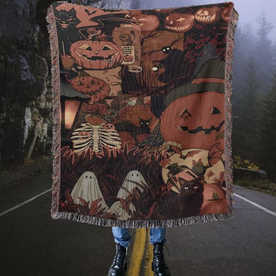 Discover Halloween Woven Throw Blanket: Spooky Pumpkin, Black Cat, Dark Academia Decor