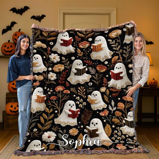 Discover Custom Ghost Loves Reading Book Woven Blanket, Custom Books Lover Gift, Ghost Autumn Reading Blanket, Ghost Reading Book Themed Blanket