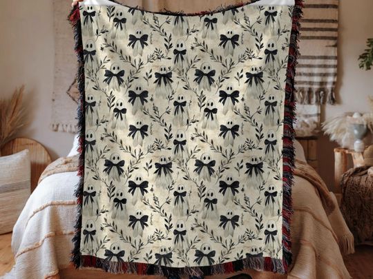 Discover Woven Blanket, Cute Ghosts Halloween Blanket, Ghost Pattern Throw, Vintage Style Halloween Decor, Ghosts with Bows Home Decor, Halloween
