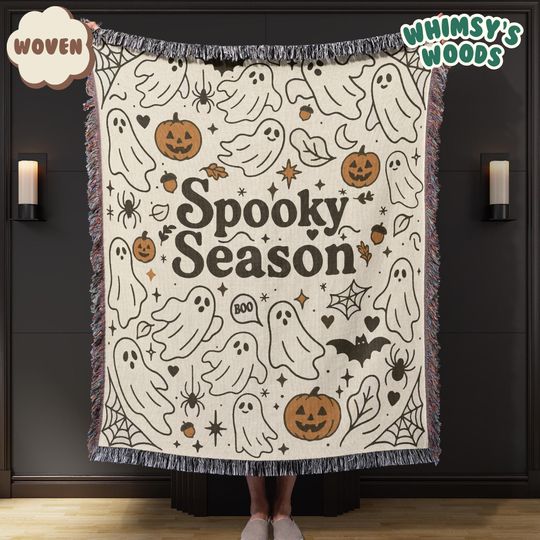 Discover Spooky Season Ghost Vintage Halloween Woven Blanket - Halloween Decor, Fall Home Decor, Cozy Blanket, Vintage Halloween Gift, Halloween