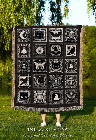 Witchy Woven  Throw Spooky Creepy Witch Blanket Cute Halloween Tapestry Scary Spooky Season Nights Gift for Goths Dark Aesthetic Decor