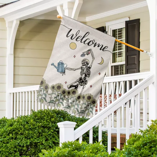 Welcome Sunflower Garden Flag, Skeleton Gardening Outdoor Decor