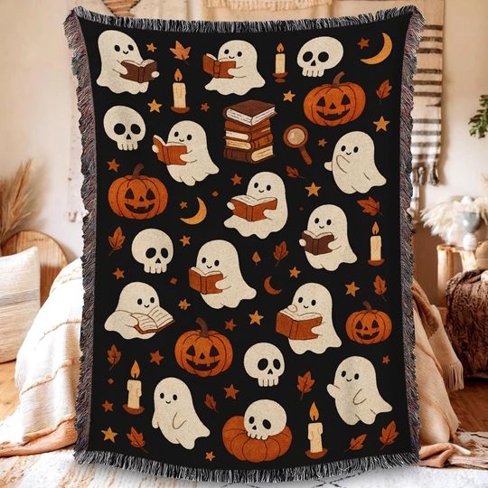Discover Cute Ghost And Books Woven Blanket, Spooky Halloween Woven Throw Blanket, Book Lover Gift, Cute Halloween Gifts