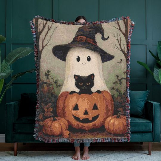 Halloween Woven Throw Blanket, Spooky Cute Ghost Throw, Black Cat Blanket, Cozy Fall Tapestry, Autumn Ghost Blanket, Jack-o-Lantern Throw