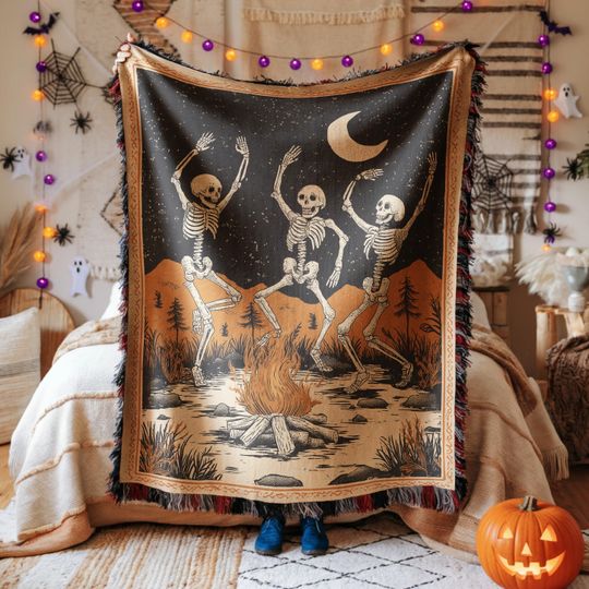 Woven Blanket Dancing Skeletons Campfire Spooky Season Fall Decor Creepy Cute Moon Halloween Style Woven  Jacquard Living Room Bed Den