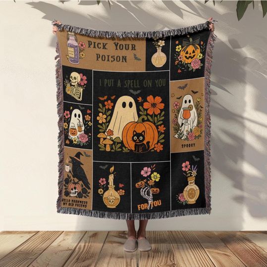 Discover Ghost Halloween Tapestry Woven Blanket Gifts, Floral Fall Collage Pumpkin Tapestry, Skeleton Vintage Throw Blanket Spooky home Decor