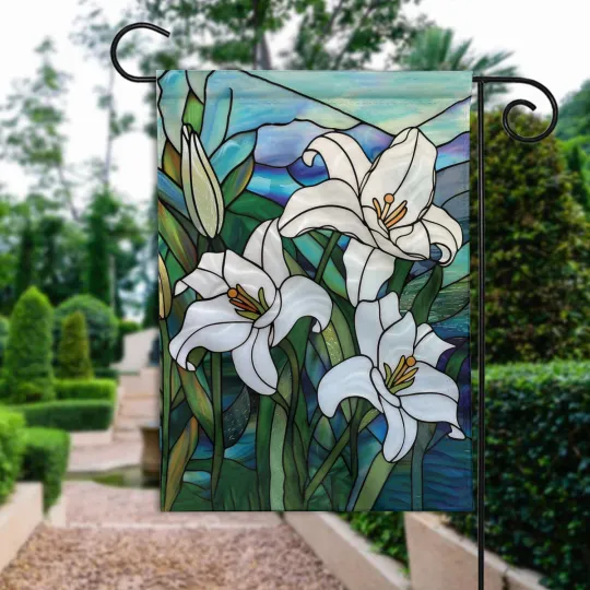 Spring Lilies Garden Flag, Stained Glass Spring Floral Flag, Spring Flowers Flag