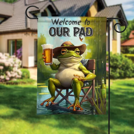 Funny Frog Welcome To Our Pad, Love frog Flag, Welcome To Our Pad garden flag