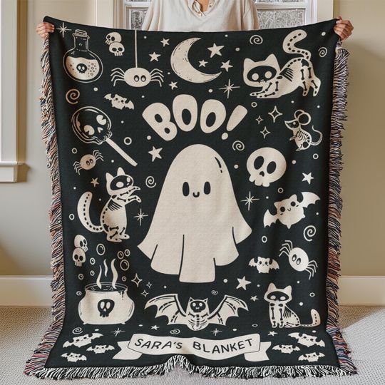 Discover Halloween Blanket Customizable Blanket For Kids Halloween Dcor Indoor My First Halloween Gift Box Addition Ghost Cat Fall Boo Woven Blanket