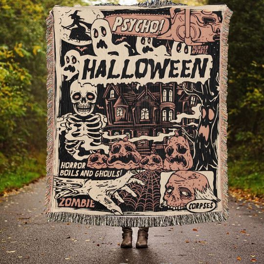 Discover Vintage Halloween Woven Throw Blanket: Spooky Psycho Design