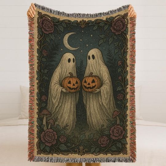 Discover Halloween Ghost Couple Woven Blanket: Spooky Cottagecore Throw
