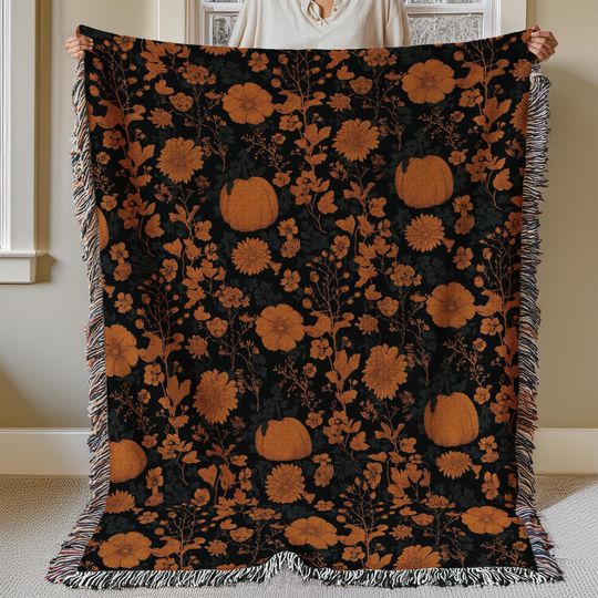 Fall Floral Throw Blanket, Autumn Leaves Woven Blanket, Retro Halloween Decor, Cozy Couch or Reading Nook Blanket, Goth Nursery Baby Blanket
