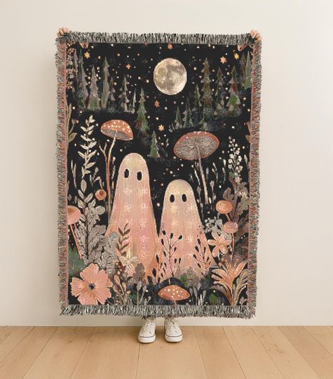 Discover Halloween Ghost Woven Blanket  Boho Spooky Throw, Fall Gothic Home Decor, 100% Cotton Tapestry Blanket, Cute Ghost Gift Trendy Tapestry