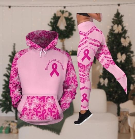 Breast Cancer Awareness Hoodie and Leggings Set, Ribbon Outfit, Support Gift for Women, October Awareness