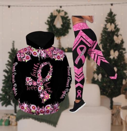 Discover Breast Cancer Fighter Hoodie and Leggings Set, Pink Ribbon Floral Outfit, Faith Hope Love Awareness Clothing, Support Gift for Women