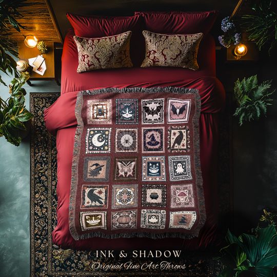 Discover Moody Crimson Gothic Throw Blanket | Cute Dark Academia Decor Spooky Woven Bat Tapestry Accent Cozy Whimsigoth Bedroom Gift Retro Halloween