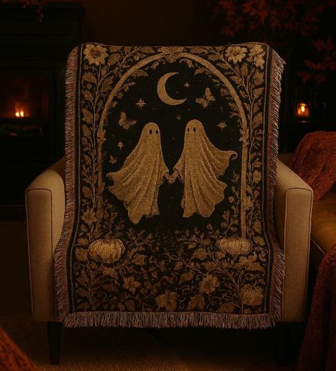 Discover Ghost Woven Blanket: Gothic Boho Tapestry Throw, Black & Gold Floral
