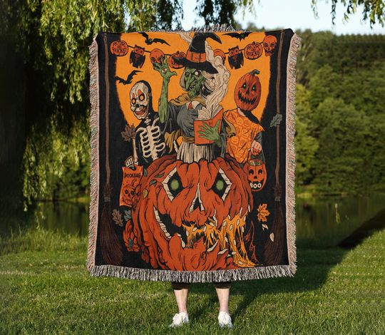 Discover Vintage Halloween Woven Throw Blanket: Scary Witch, Pumpkin, Skull Tapestry