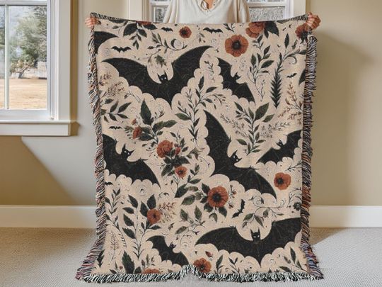 Discover Woven Cotton Bats Blanket: Boho Witchy Halloween Throw
