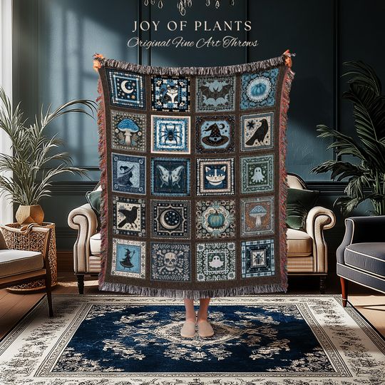 Discover Rustic Witch Ethereal Throw Blanket | Whimsical Halloween Tapestry Cute Whimsigoth Bedroom Accent Spooky Aesthetic Gift Floral Goth Decor |