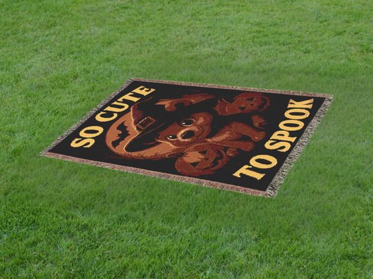 Vintage Halloween Woven Blanket: Witch Bear Ghost Horror