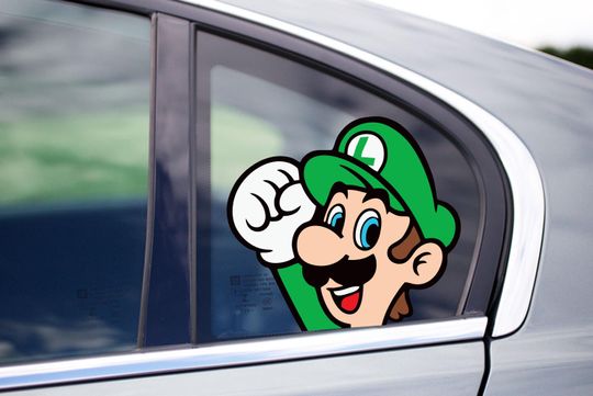 Luigi Fist Bump Peekaboo Vinyl Wall Decal, Cartoon Mario Stickers, Plumber Classic Game SNES