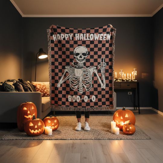 Halloween Skeleton Woven Blanket, Happy Halloween Throw Blanket, Spooky Skeleton Decor, Gothic Blanket Gift, Haunted Halloween Home Decor