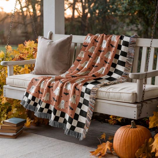 Discover Halloween Cotton Woven Blanket, Happy Ghosts Bats Stars, Black White Orange, Modern Boho Decor, Cozy Throw, Checkered Border