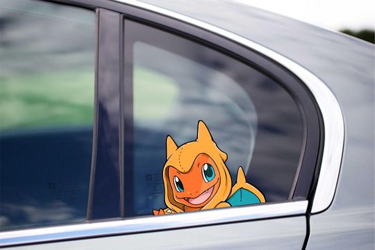Charmander Wall Decal, Anime Fire Dragon Vinyl Sticker, Peekaboo Bumper Window Decor