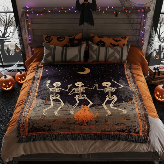 Discover Woven Blanket Halloween Dancing Skeletons Campfire Goth Home Decor Moon and Stars Spooky Season Style Woven Cotton Jacquard for sofa bed den