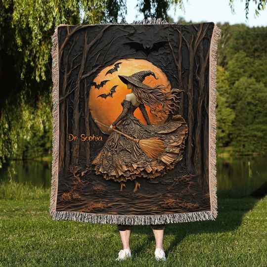 Discover Witch Woven Throw Blanket, Halloween Gothic Tapestry Blanket, Spooky Fall Home Decor, Witch on Broom Blanket Gift, Gift for Witch Lovers