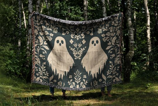 Discover Woven Cotton Blanket: Folk Art Ghost & Floral Halloween Throw
