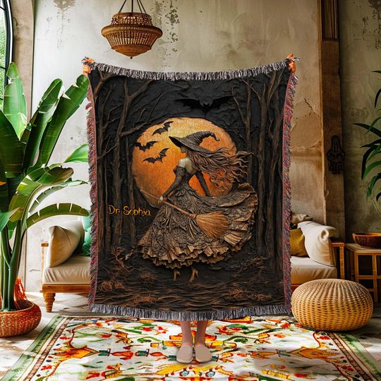 Discover Halloween Witch Woven Tapestry Blanket, Gothic Fall Throw Blanket, Spooky Gothic Home Decor, Witch on Broom Autumn Leaves Blanket Gift
