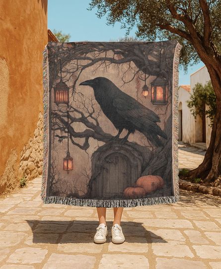 Gothic Raven  Woven Blanket, Halloween Decor Woven Blanket, Autumn Atmosphere Woven Blanket, Spooky Night Woven Blanket, Pumpkin